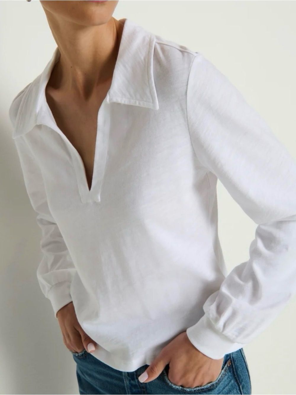Nation LTD White Pima Cotton Long Sleeve Polo V Neck Top M NWT